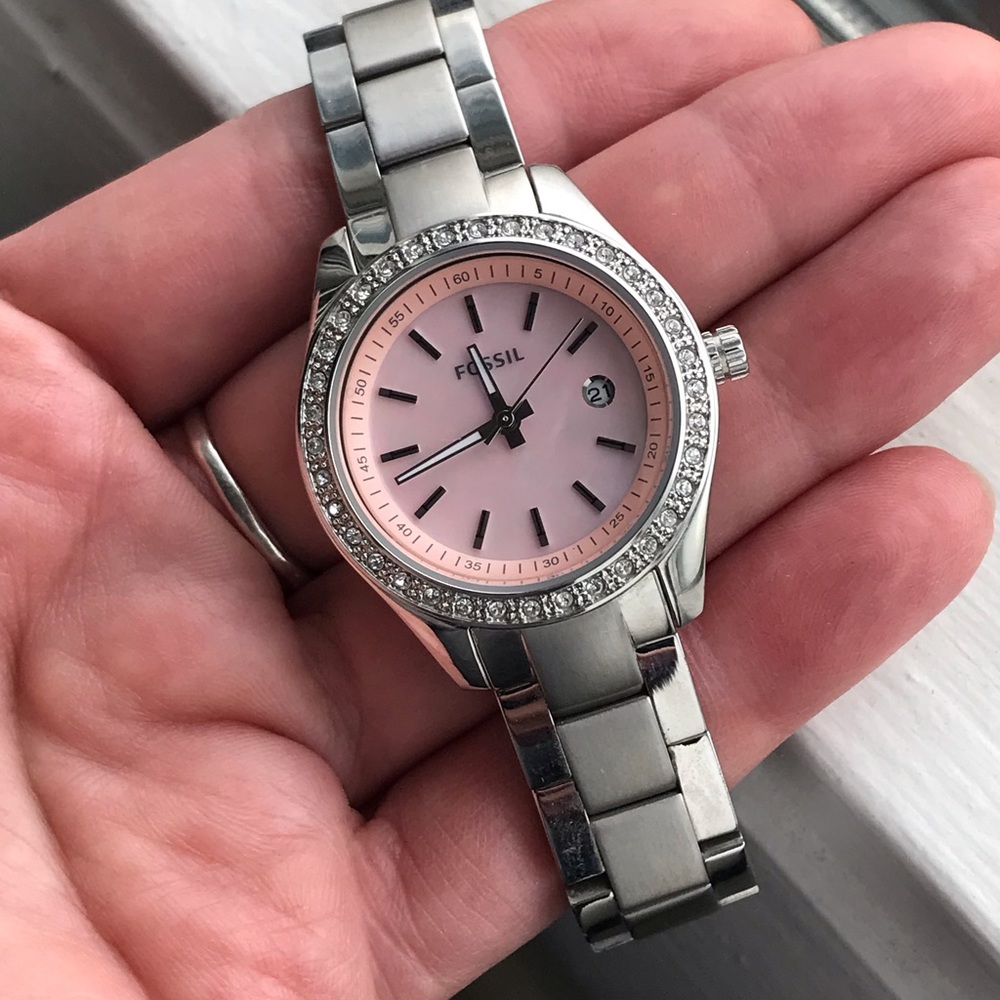 FOSSIL Pink MOP and Crystals Silver Ladies Watch